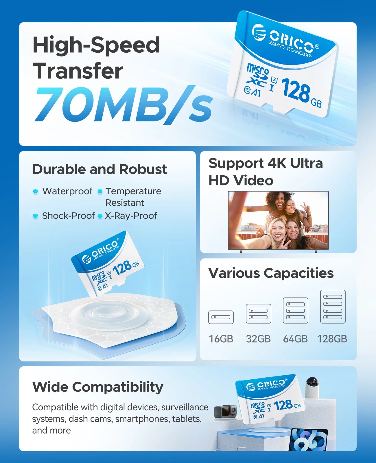 ORICO Original Memory Cards 16GB 32GB 64GB 128GB TF Memory Card A1 U3 Class10 V10 For Camera/Drone/Dash Cam High Speed SD Card