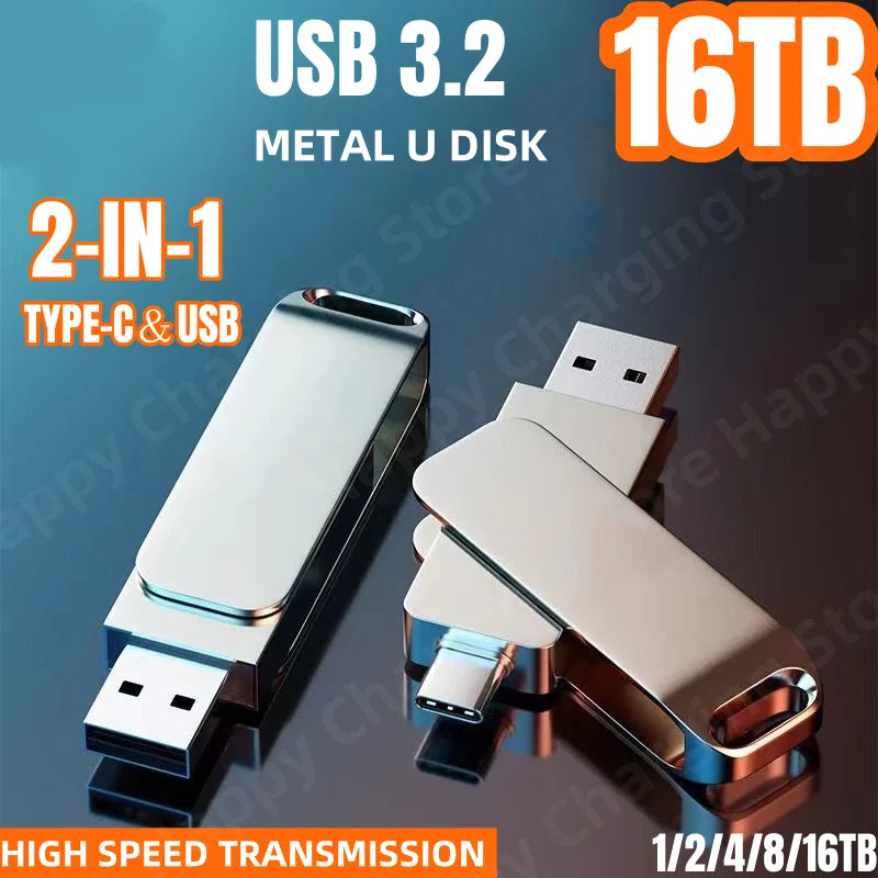 16TB Flash Drive USB 3.2 High Speed USB Transfer Type-c 2-In-1 8TB 16TB OTG Pendrive Waterproof Flash Disk For Computer