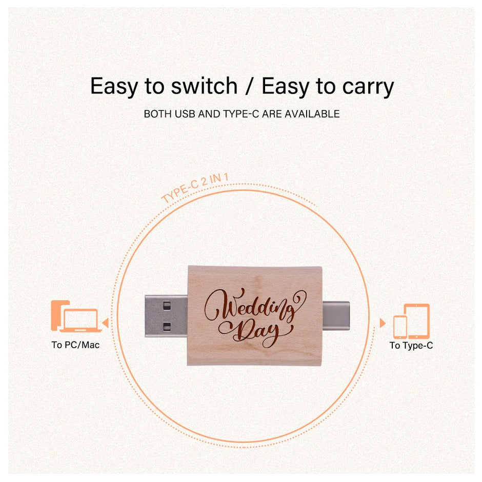 TYPE-C 2 in 1 Wooden USB Flash Drive 128GB Free Custom Logo Memory Stick 64GB 100% Real Capacity Pen Drive 32GB Wedding Gift