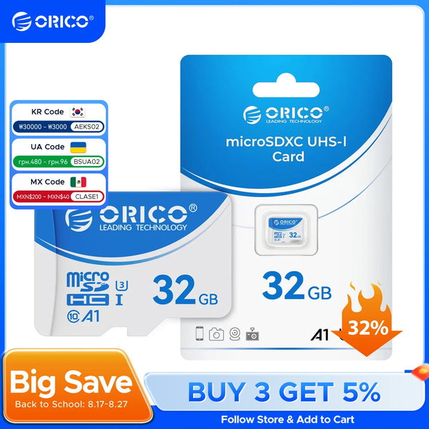 ORICO Original Memory Cards 16GB 32GB 64GB 128GB TF Memory Card A1 U3 Class10 V10 For Camera/Drone/Dash Cam High Speed SD Card