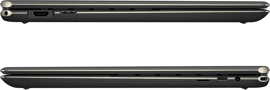 Renewed black 2-in-1 laptop side profile showing ports and slim chassis