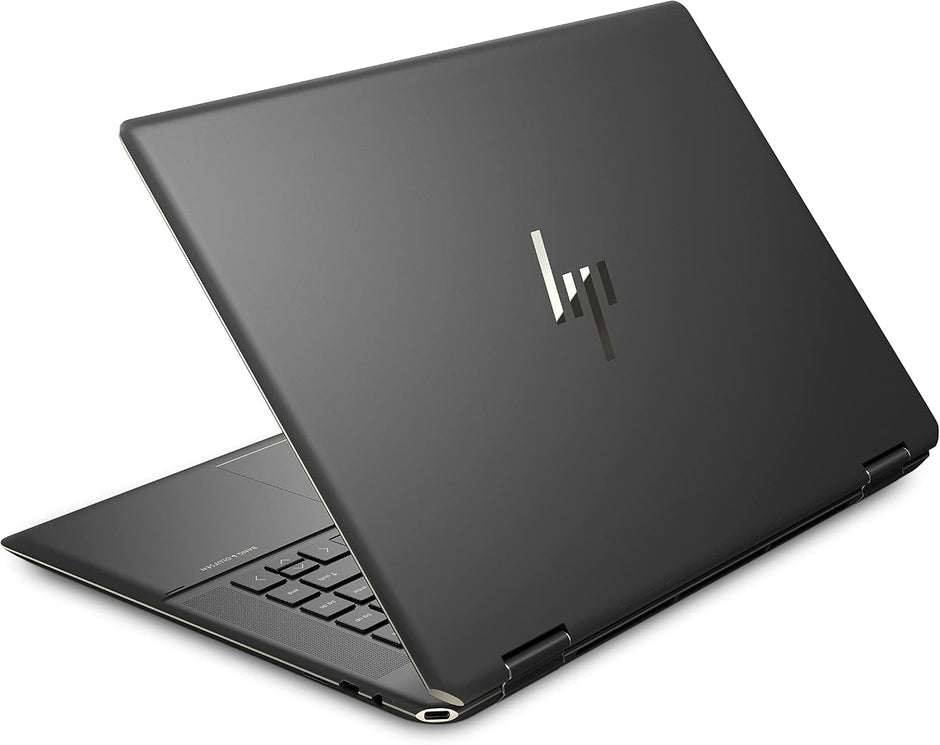 Renewed black 2-in-1 laptop, partially folded view with HP logo and keyboard