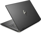 Renewed black 2-in-1 laptop, partially folded view with HP logo and keyboard