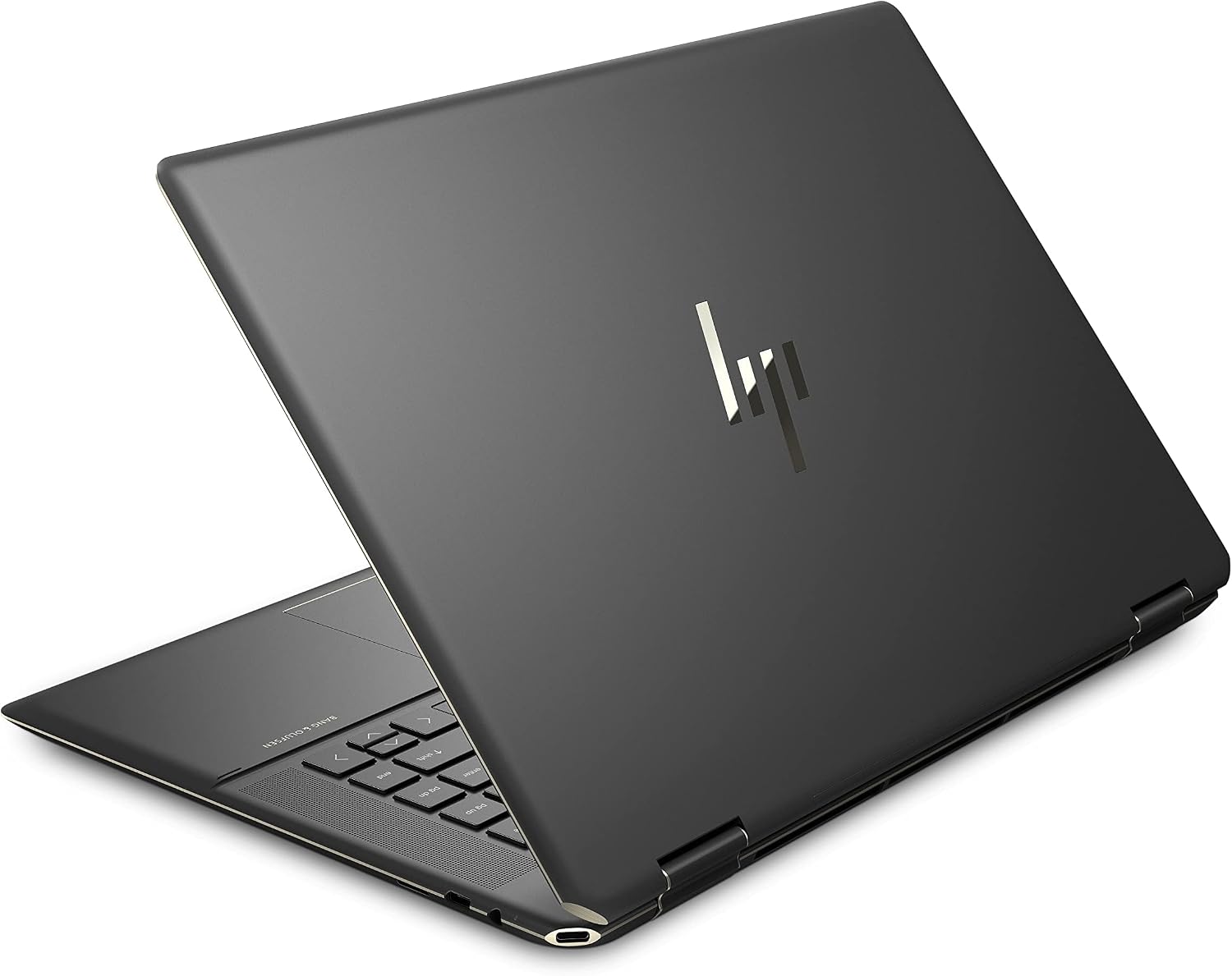 Renewed black 2-in-1 laptop, partially folded view with HP logo and keyboard