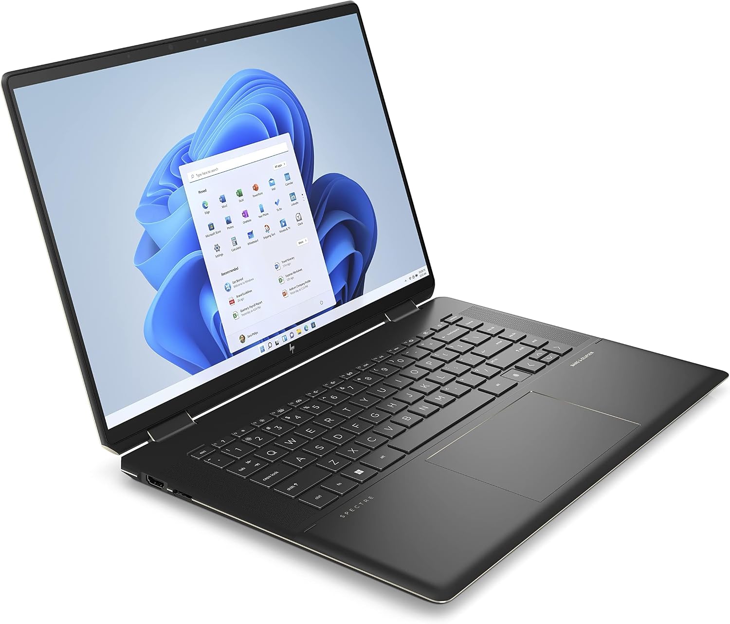 Renewed black 2-in-1 laptop open, showing keyboard and Windows touch display
