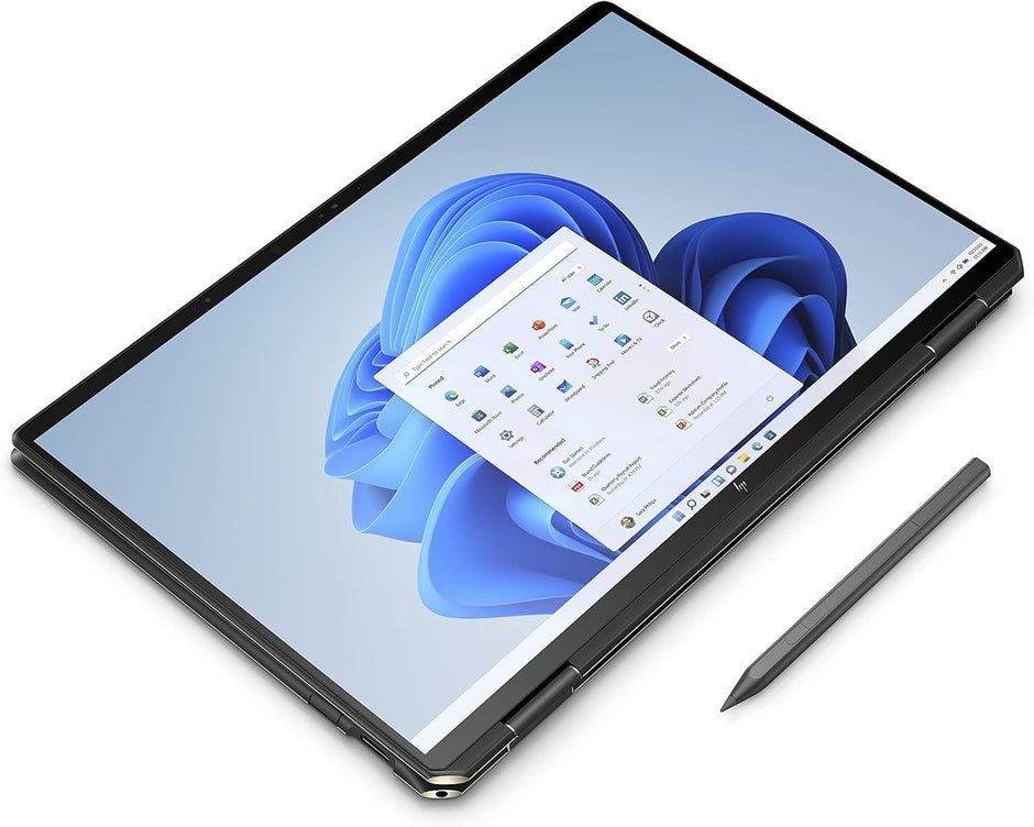 Renewed black 2-in-1 laptop in tablet mode with touch screen and stylus