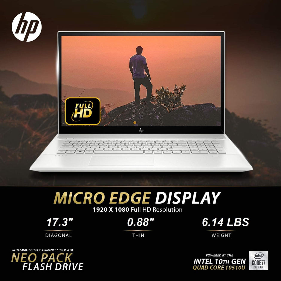 Renewed silver laptop with Full HD video on screen and built-in keyboard