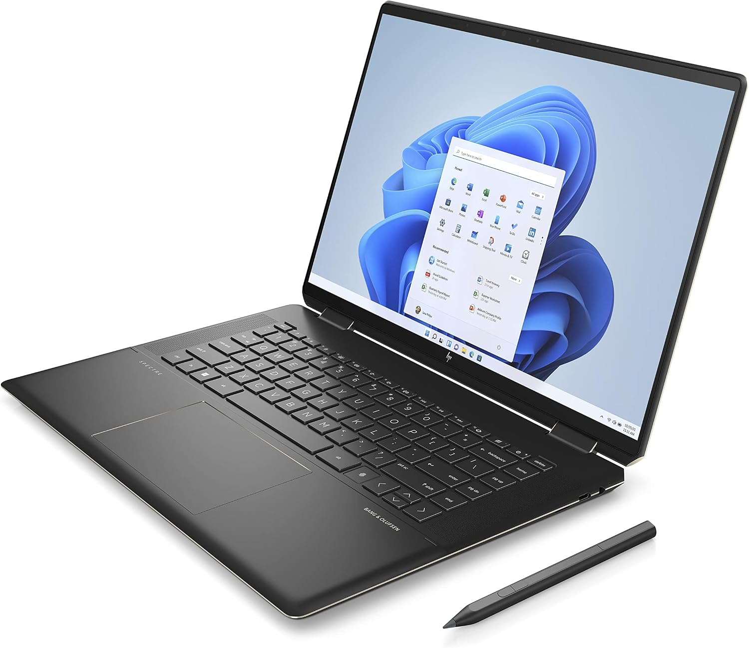Renewed black 2-in-1 laptop open with keyboard, touch screen, and pen stylus