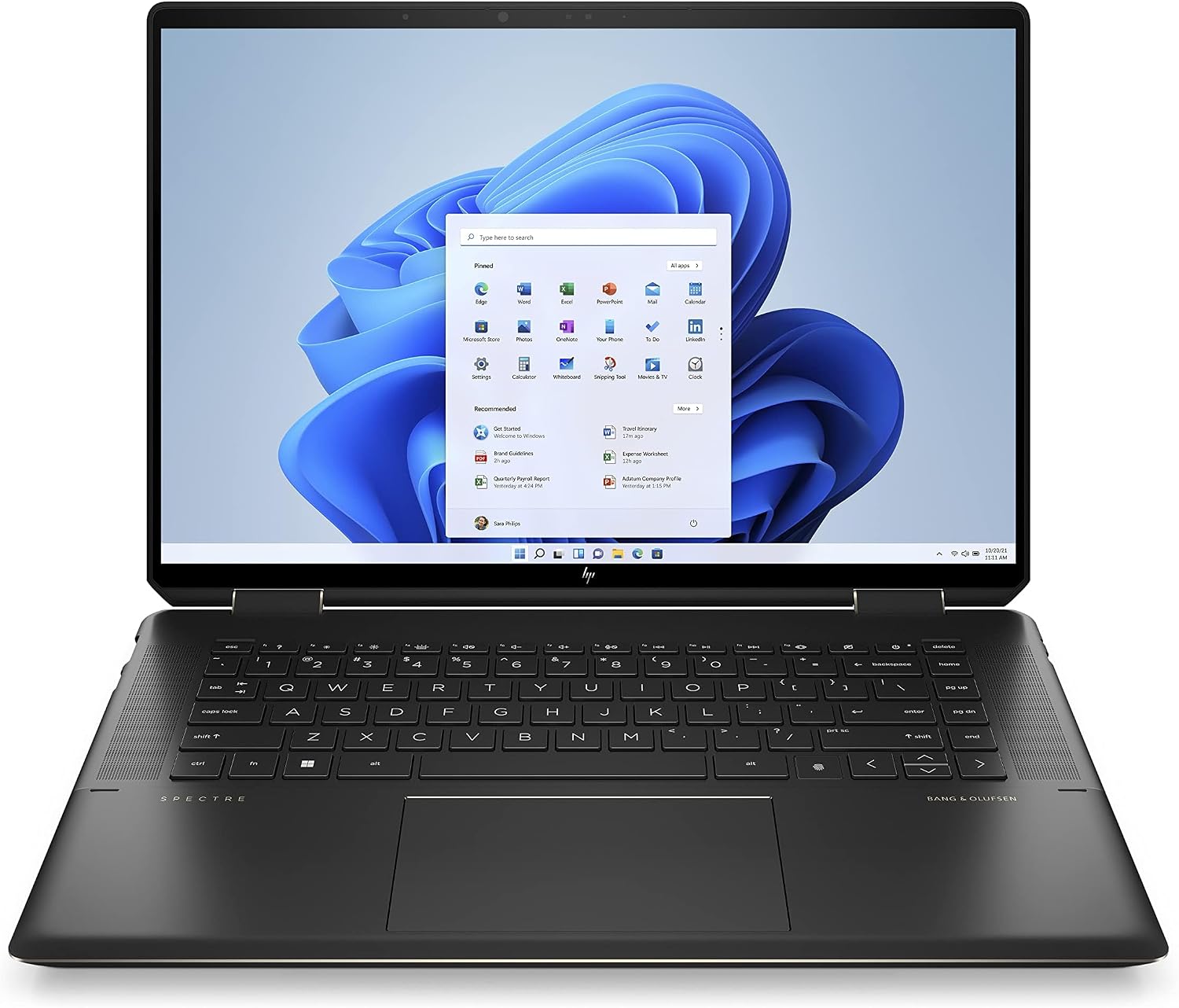 Renewed black 2-in-1 laptop open, showing full keyboard and touch screen