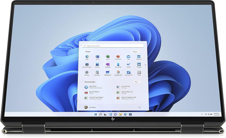 Renewed black 2-in-1 laptop front view with touchscreen and keyboard deck