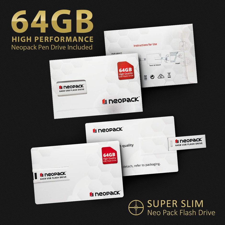 64GB Neopack flash drive pack with multiple cards and instructions
