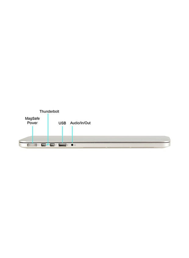 Silver MacBook Pro side view with Thunderbolt, MagSafe, USB and audio in/out ports