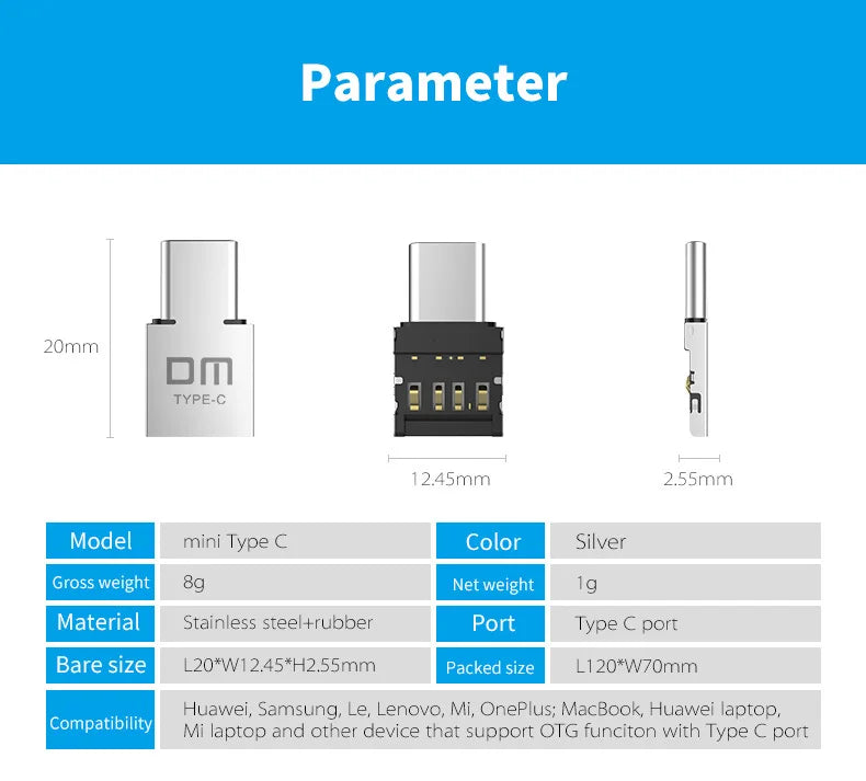 DM AD011 MINI TYPE-C Adaptor OTG function Turn normal USB into TYPE C USB flash drive