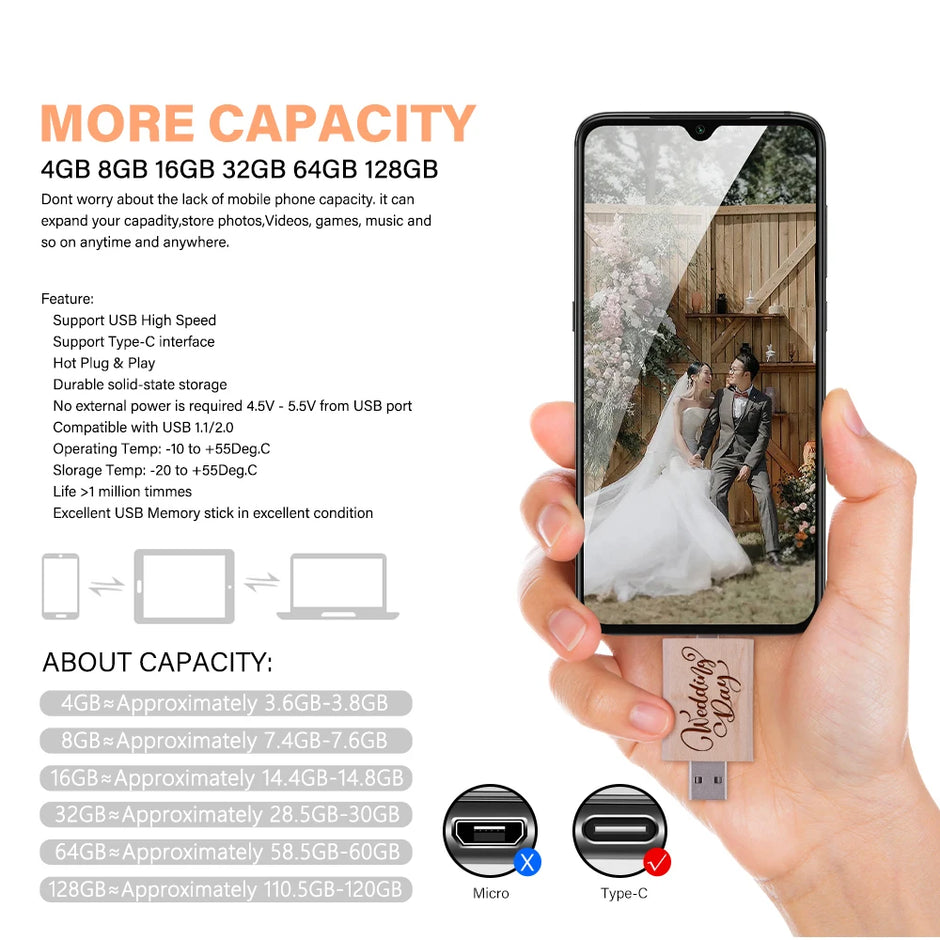 TYPE-C 2 in 1 Wooden USB Flash Drive 128GB Free Custom Logo Memory Stick 64GB 100% Real Capacity Pen Drive 32GB Wedding Gift