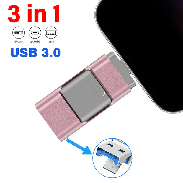 for iPhone USB Flash Drive 2TB 1TB USB 3.0 Pendrive 3in1 Mirco USB 3.0 512G 256GB 128/64/32gb Memory Stick USB Key MFi Pen drive