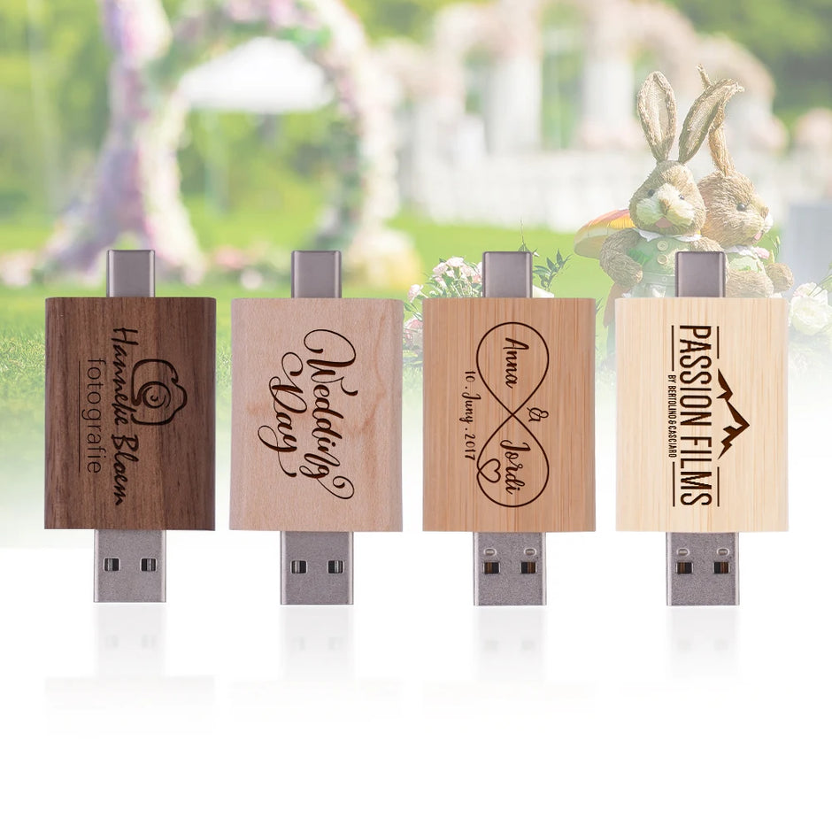 TYPE-C 2 in 1 Wooden USB Flash Drive 128GB Free Custom Logo Memory Stick 64GB 100% Real Capacity Pen Drive 32GB Wedding Gift