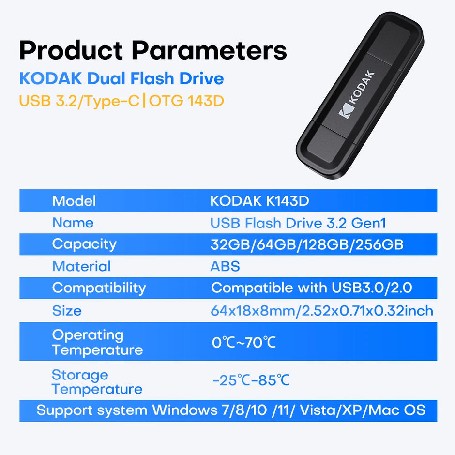 Kodak 2 IN 1 Type C USB Flash Drive OTG  USB 3.2 Pen Drive 128GB 64GB 32GB Pendrive Flash Drive