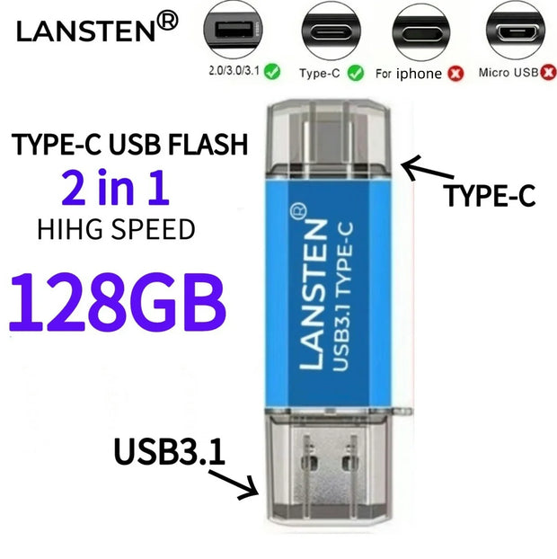 USB C Flash Drive  128GB 2-in-1 OTG USB 3.0 Thumb Drive Type-C 128GB Memory Stick - High-Speed Jump Drive Photo Stick