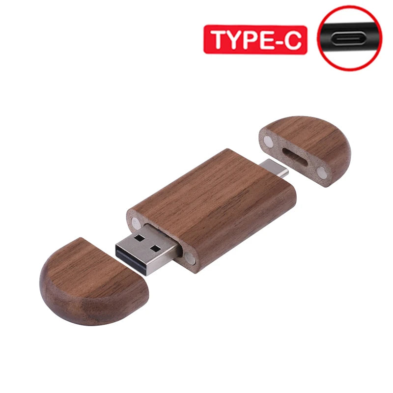 TYPE-C 2 in 1 Wooden USB Flash Drive 128GB Free Custom Logo Memory Stick 64GB 100% Real Capacity Pen Drive 32GB Wedding Gift