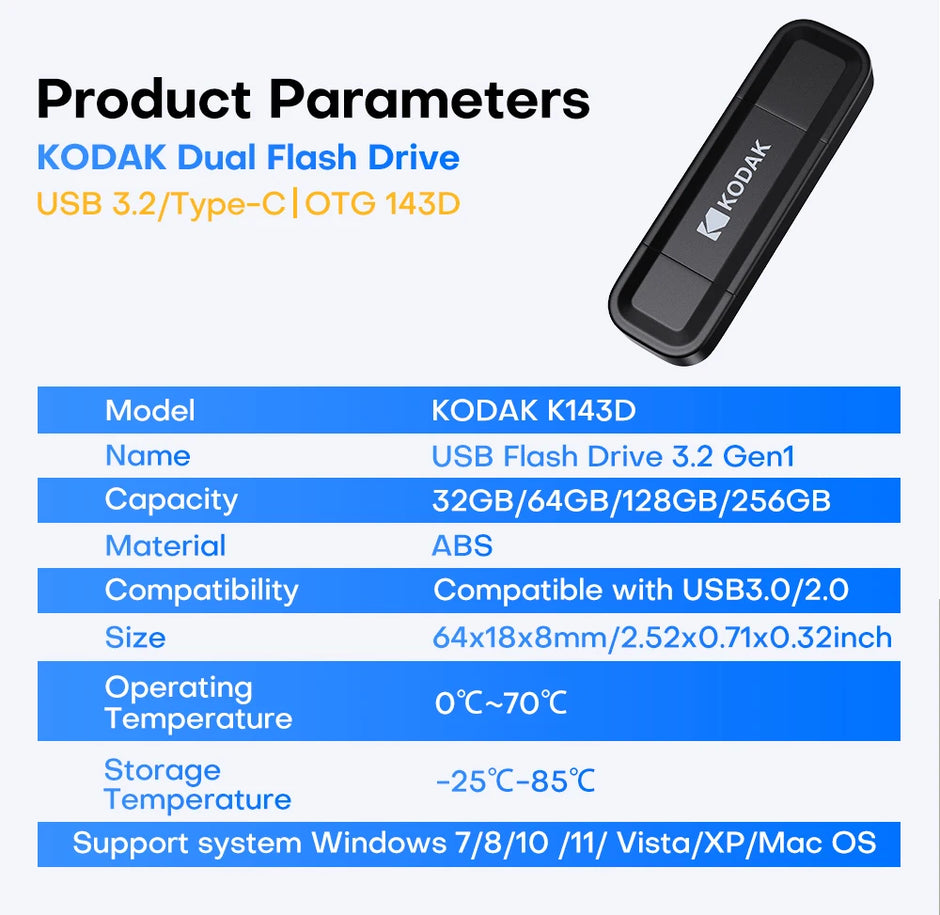 Kodak 2 IN 1 Type C USB Flash Drive OTG  USB 3.2 Pen Drive 128GB 64GB 32GB Pendrive Flash Drive
