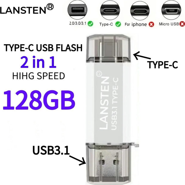 USB C Flash Drive  128GB 2-in-1 OTG USB 3.0 Thumb Drive Type-C 128GB Memory Stick - High-Speed Jump Drive Photo Stick