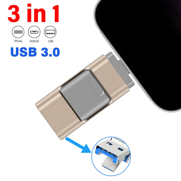 for iPhone USB Flash Drive 2TB 1TB USB 3.0 Pendrive 3in1 Mirco USB 3.0 512G 256GB 128/64/32gb Memory Stick USB Key MFi Pen drive