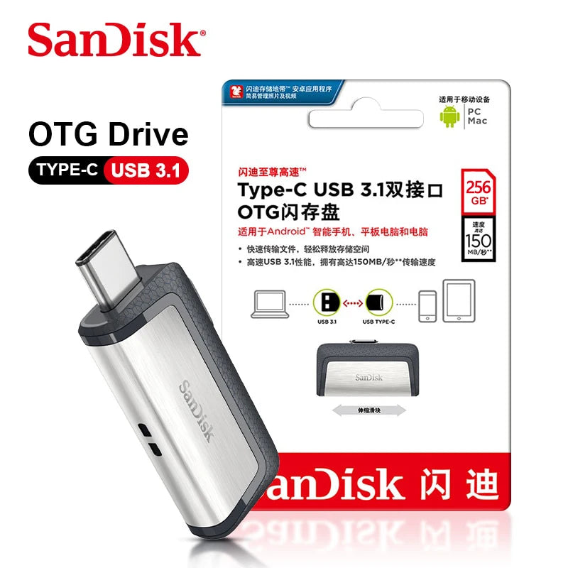 Sandisk SDDDC2 Dual Plug Flash Drive Type-C+Type A 32GB 64GB 128GB 256GB OTG USB Pen Drive USB Stick for Phone Laptop Computer