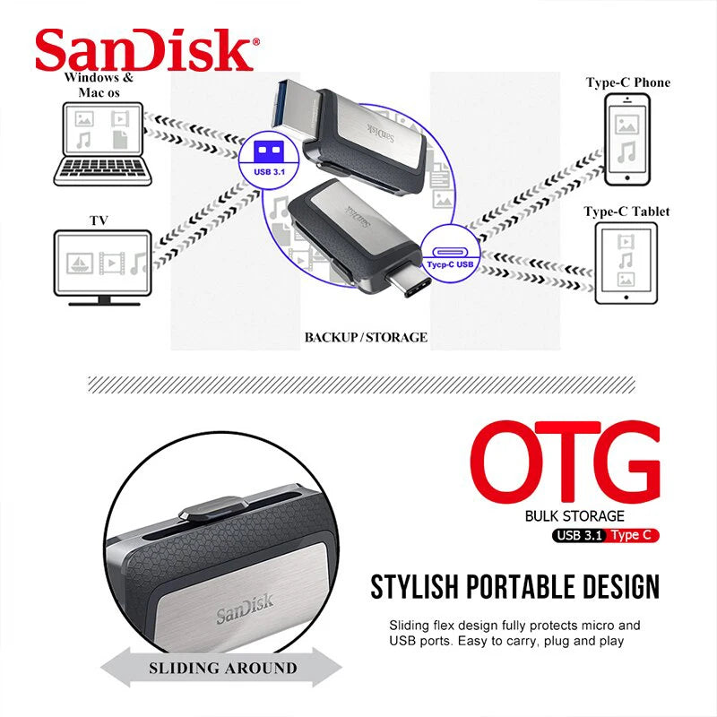Sandisk SDDDC2 Dual Plug Flash Drive Type-C+Type A 32GB 64GB 128GB 256GB OTG USB Pen Drive USB Stick for Phone Laptop Computer