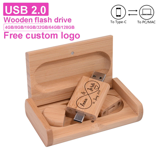 TYPE-C 2 in 1 Wooden USB Flash Drive 128GB Free Custom Logo Memory Stick 64GB 100% Real Capacity Pen Drive 32GB Wedding Gift
