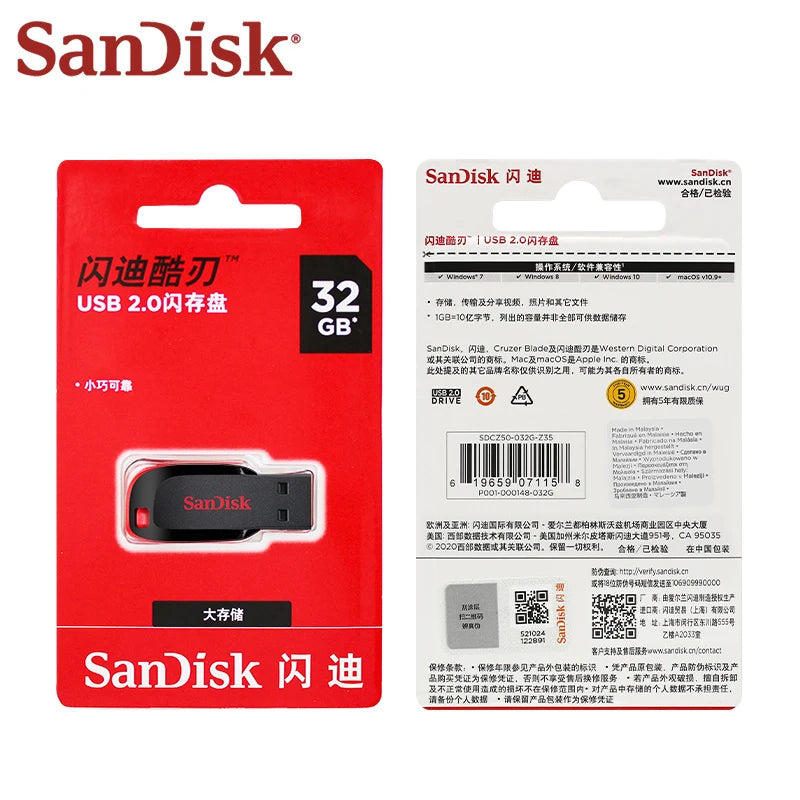 100% Original SanDisk CZ50 USB Flash Drive 16GB 32GB 64GB USB 2.0 Pendrive Memory Stick Mini U Disk Pen Drive for Desktop Laptop