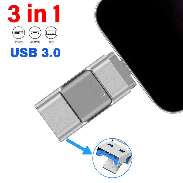 for iPhone USB Flash Drive 2TB 1TB USB 3.0 Pendrive 3in1 Mirco USB 3.0 512G 256GB 128/64/32gb Memory Stick USB Key MFi Pen drive