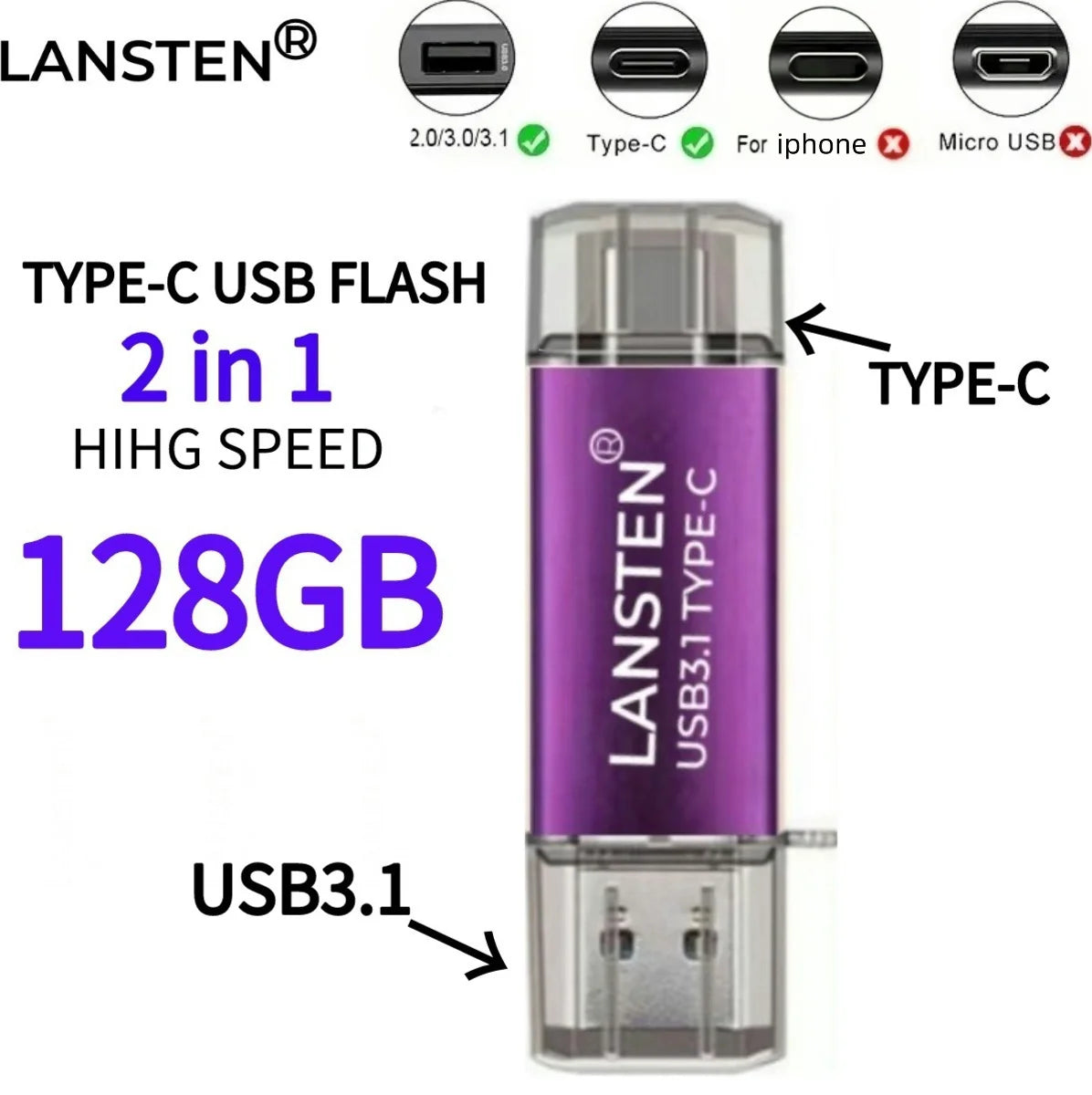 USB C Flash Drive  128GB 2-in-1 OTG USB 3.0 Thumb Drive Type-C 128GB Memory Stick - High-Speed Jump Drive Photo Stick