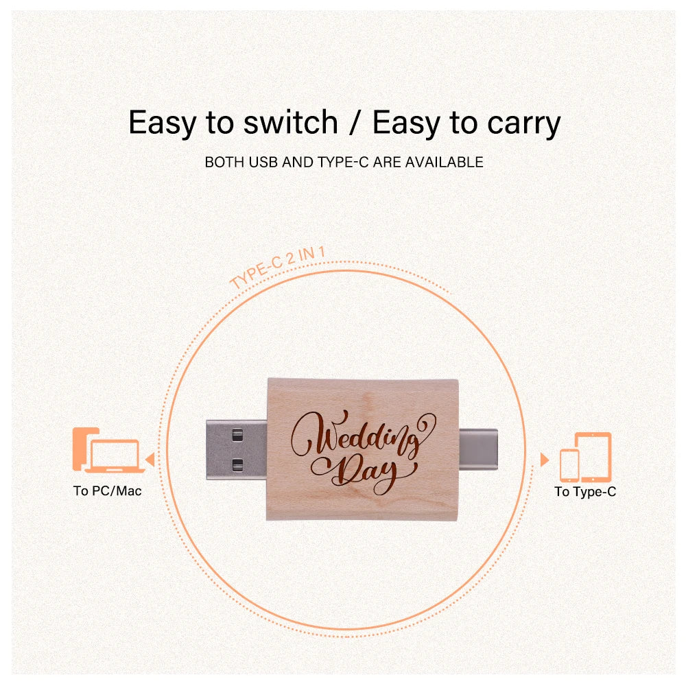 TYPE-C 2 in 1 Wooden USB Flash Drive 128GB Free Custom Logo Memory Stick 64GB 100% Real Capacity Pen Drive 32GB Wedding Gift