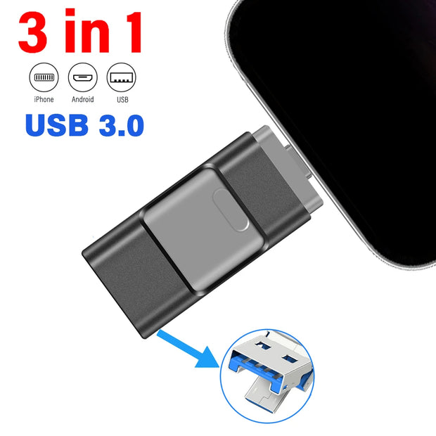 for iPhone USB Flash Drive 2TB 1TB USB 3.0 Pendrive 3in1 Mirco USB 3.0 512G 256GB 128/64/32gb Memory Stick USB Key MFi Pen drive
