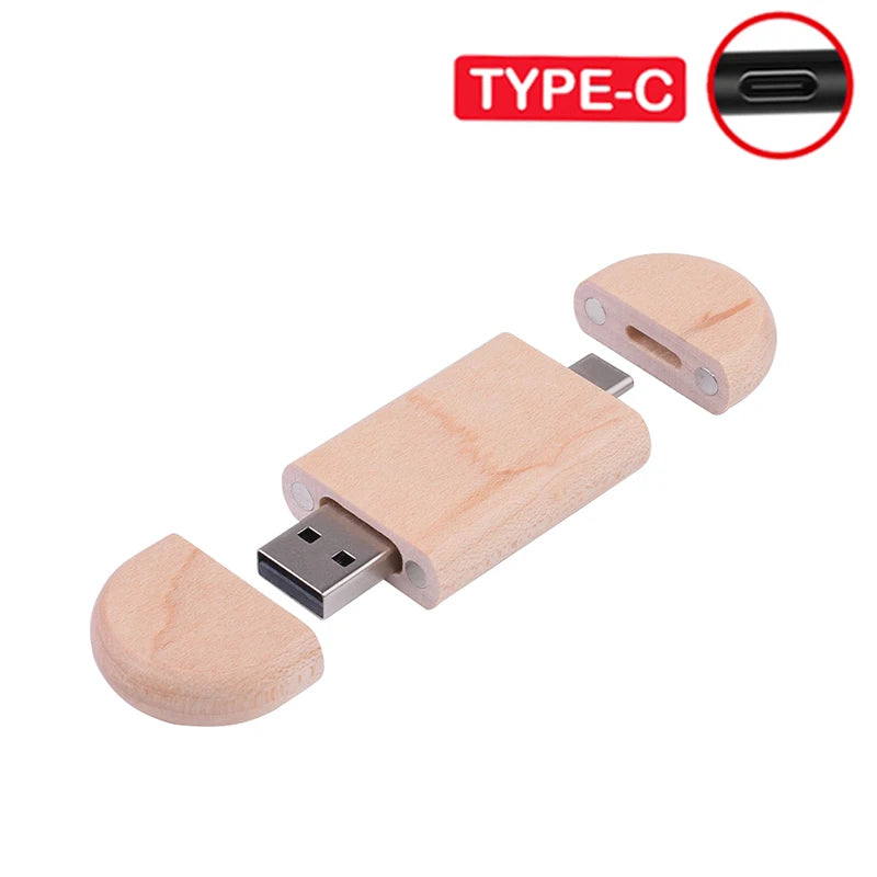 TYPE-C 2 in 1 Wooden USB Flash Drive 128GB Free Custom Logo Memory Stick 64GB 100% Real Capacity Pen Drive 32GB Wedding Gift