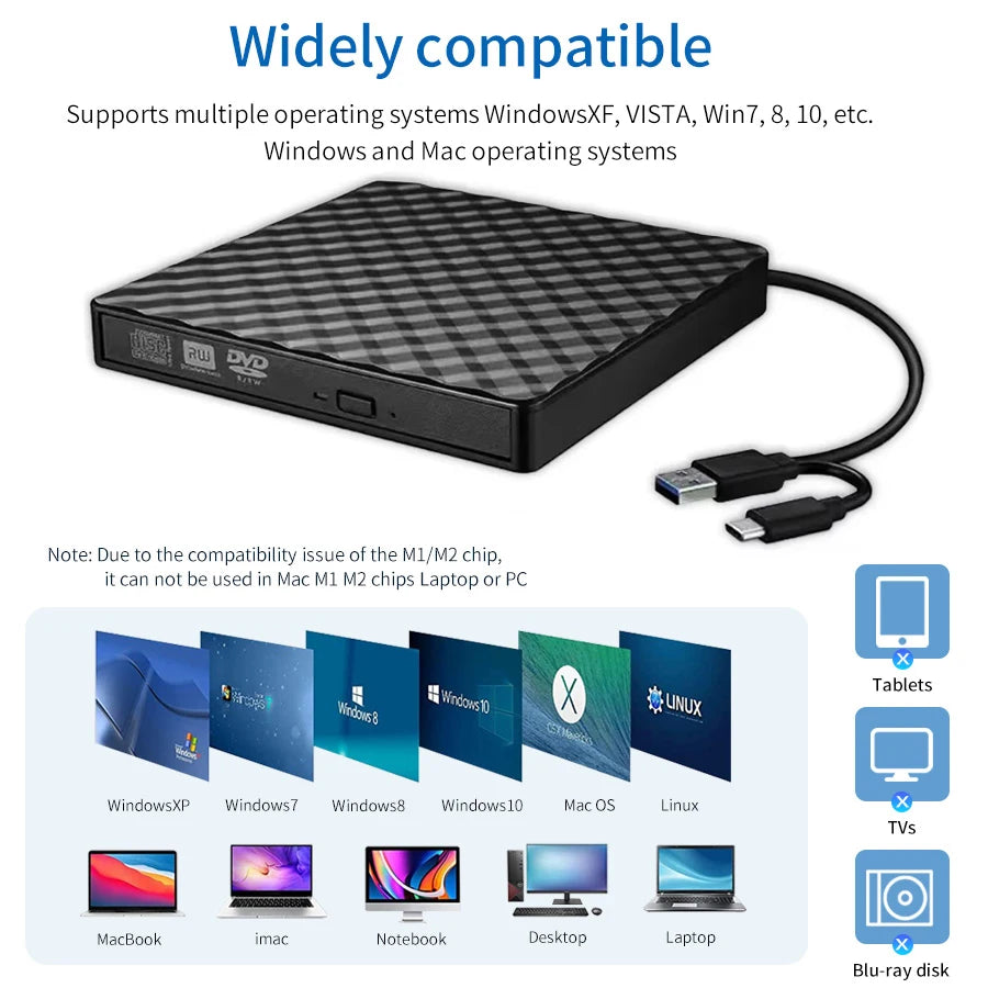 External CD DVD Optical Drives USB 3.0 Type C 2-in-1 Slim Protectable CD-RW Drive DVD-ROM Burner Player for Laptop Desktop