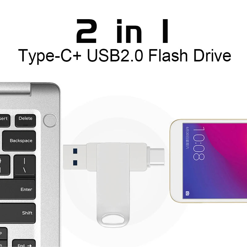 2 in 1 Usb 2.0 OTG USB-C Flash Pen Drive Metal Memory Stick flash Disk 64GB 128GB 256G USB2.0 Dual Type-C Pendrive