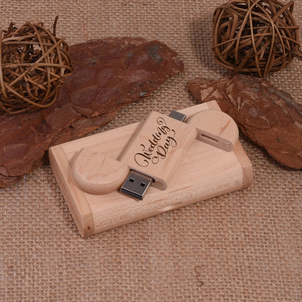 TYPE-C 2 in 1 Wooden USB Flash Drive 128GB Free Custom Logo Memory Stick 64GB 100% Real Capacity Pen Drive 32GB Wedding Gift