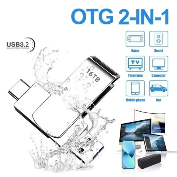 New 16TB USB Flash Drive USB 3.2 Memories Type-c 2-In-1 8TB 16TB OTG Pendrive 128GB 2TB High Speed Flash Disk For Computer