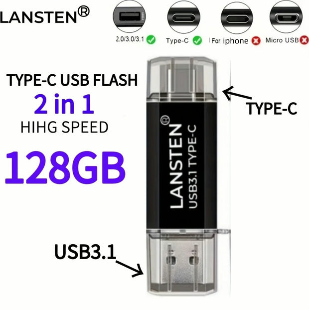 USB C Flash Drive  128GB 2-in-1 OTG USB 3.0 Thumb Drive Type-C 128GB Memory Stick - High-Speed Jump Drive Photo Stick