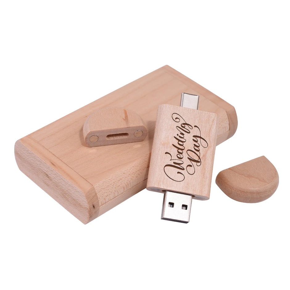 TYPE-C 2 in 1 Wooden USB Flash Drive 128GB Free Custom Logo Memory Stick 64GB 100% Real Capacity Pen Drive 32GB Wedding Gift