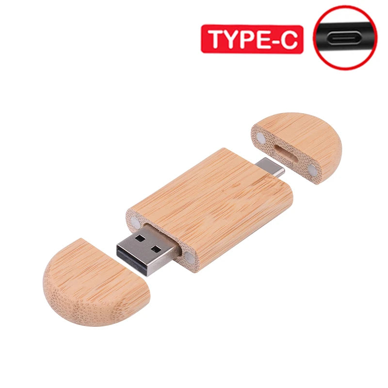TYPE-C 2 in 1 Wooden USB Flash Drive 128GB Free Custom Logo Memory Stick 64GB 100% Real Capacity Pen Drive 32GB Wedding Gift