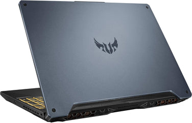 Laptop rear view showing ventilation vents and TUF Gaming emblem on lid.