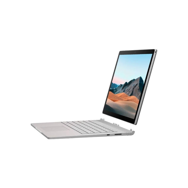 Silver touchscreen 2-in-1 laptop with detachable keyboard, screen raised