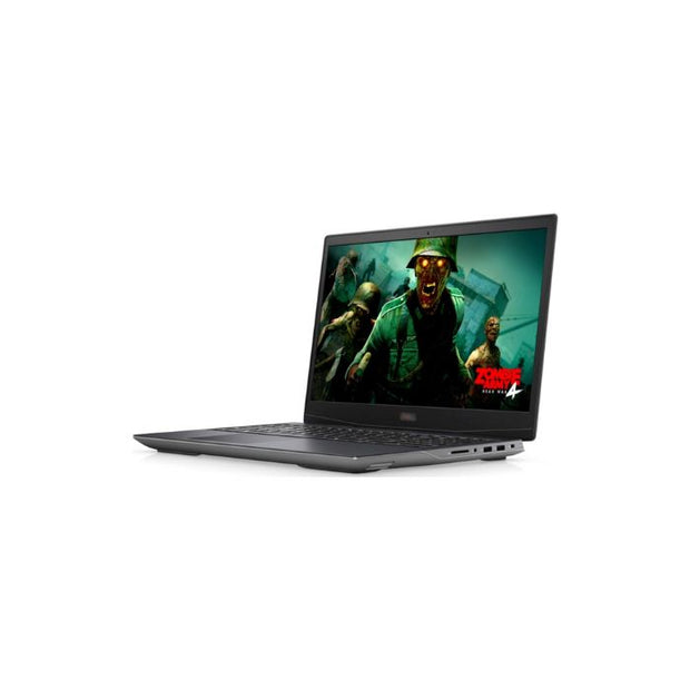 Dell G5 5505 silver gaming laptop, open screen with gaming scene, angled view