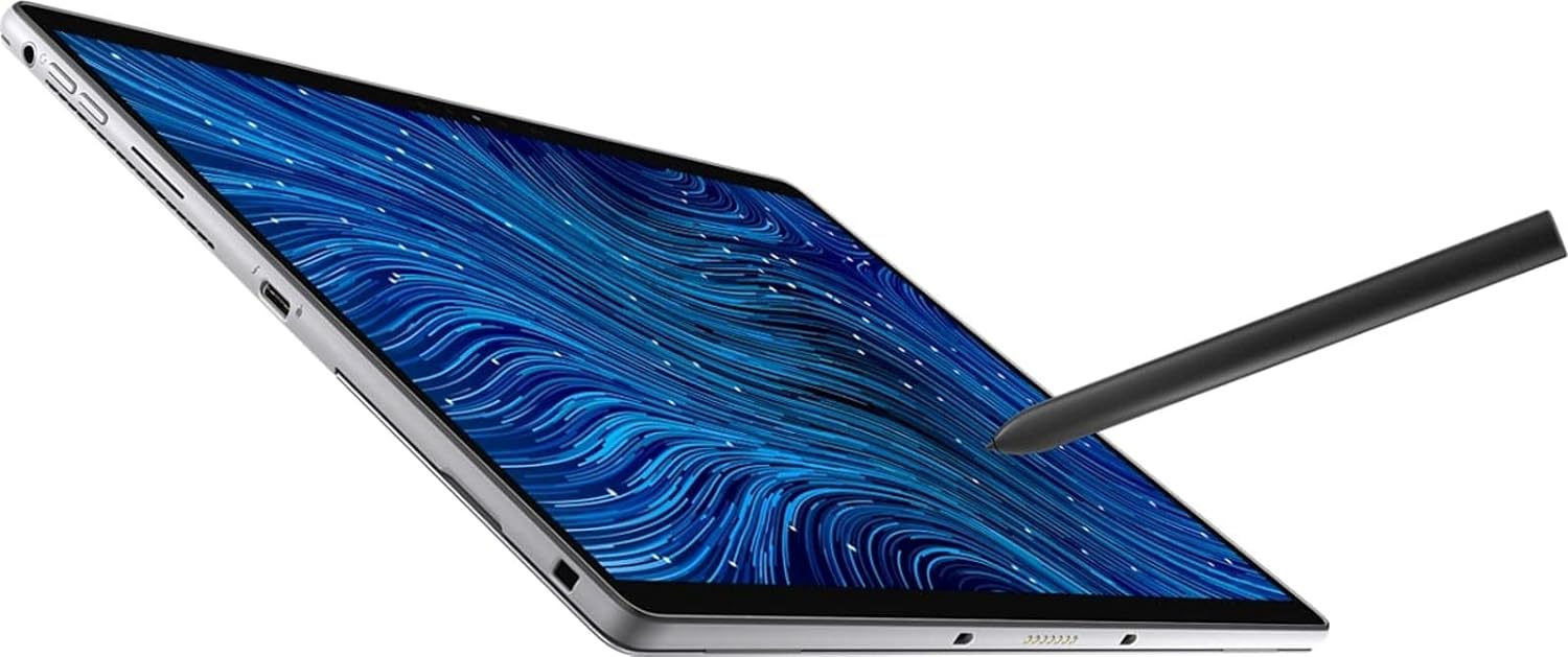 Latitude 7320 front edge ports and power buttons on silver bezel, blue screen