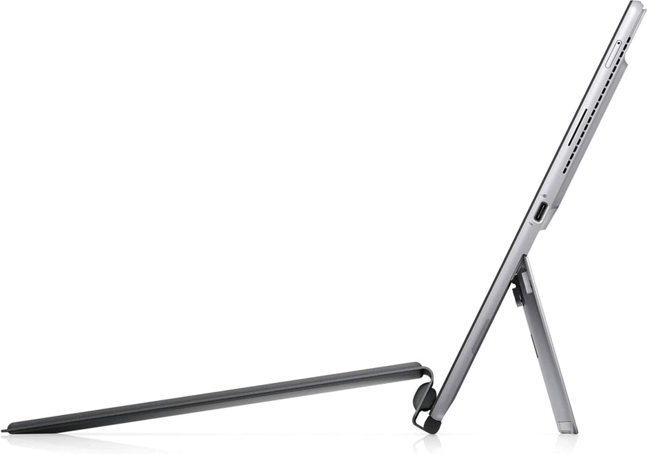 Latitude 7320 laptop side profile with ports and vents visible, tablet folded stand