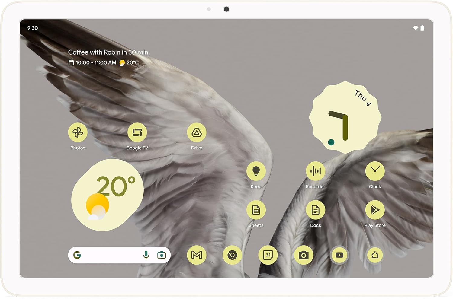 Porcelain Android tablet with front display showing app icons and widgets