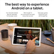 Porcelain Android tablet on a table displaying Google TV content