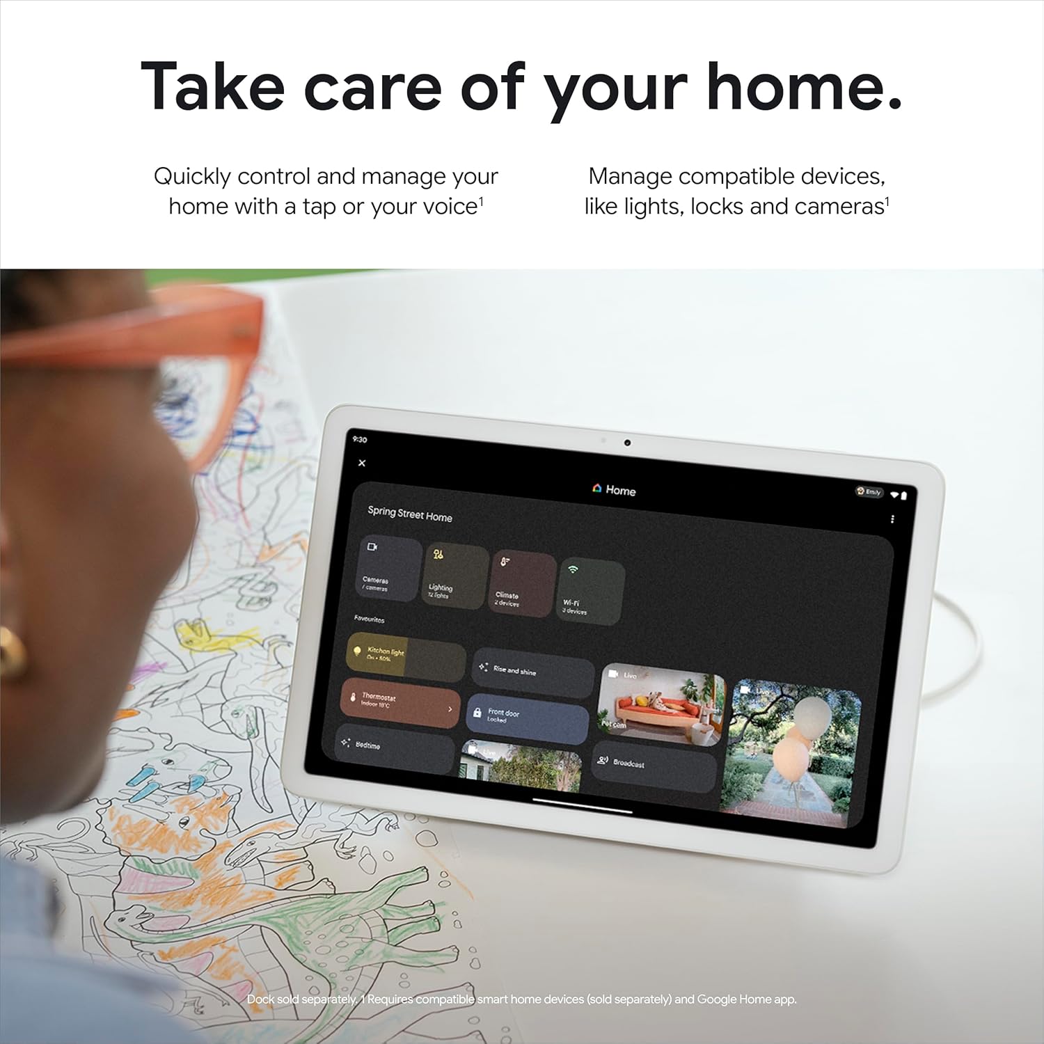 Porcelain Android tablet showing a smart home control screen with icons